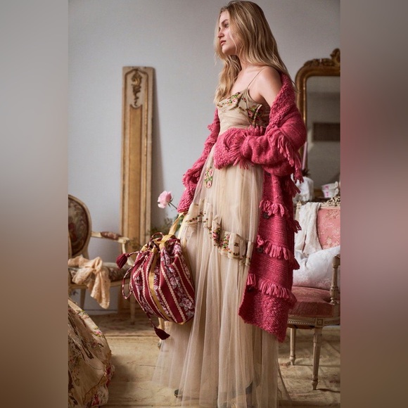 LoveShackFancy Arianna Gown Maxi Tulle Embroidered Champagne 10 EUC - Picture 10 of 11